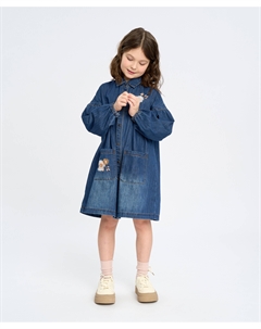 Платье джинсовое на кнопках для девочки синее с вышивкой Button blue