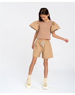 Шорты льняные для девочки коричневые с поясом на резинке и отворотами Button blue