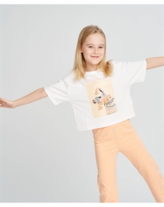 Футболка кроп топ для девочки белая с коротким рукавом и принтом Button blue