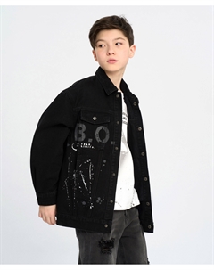 Куртка джинсовая оверсайз на кнопках для мальчика черная с принтом Button blue