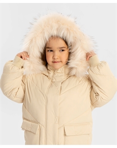 Пальто зимнее водоотталкивающее с капюшоном и накладными карманами бежевое для девочки Button blue