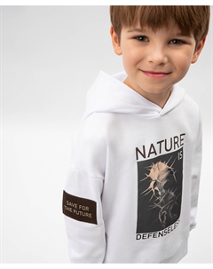 Худи для мальчика силуэта умеренный оверсайз из органического хлопка с принтом белое Gulliver