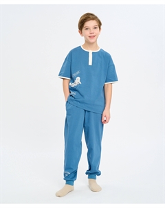 Брюки пижамные джоггеры для мальчика синие с принтом Button blue