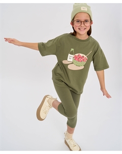 Футболка с коротким рукавом для девочки зеленая оверсайз с принтом Button blue