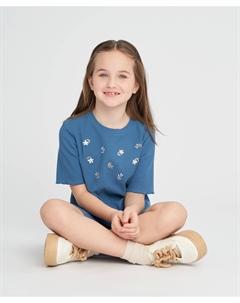 Футболка для девочки синяя облегающая с коротким рукавом и вышивкой Button blue