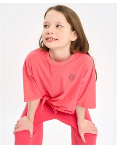 Футболка с коротким рукавом для девочки коралловая оверсайз с принтом Button blue