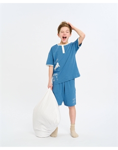 Пижама с футболкой оверсайз и шортами для мальчика синяя с принтом Button blue