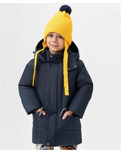 Пальто зимнее удлиненное с капюшоном высоким воротом и карманами на клапанах синее Button blue