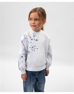 Свитшот для девочки с асимметричным цветочным принтом и декором из пайеток белый Gulliver