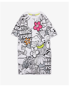 Платье силуэта оверсайз с оригинальным рисунком белое для девочки Gulliver