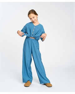 Брюки палаццо легкие для девочки синие с поясом на резинке Button blue