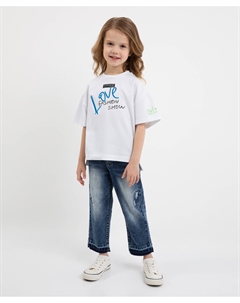 Джинсы с варкой, потертостями, повреждениями, имитацией распоротых швов синие для девочек Gulliver