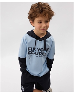 Лонгслив с капюшоном для мальчика с имитацией многослойности с принтом голубой Gulliver