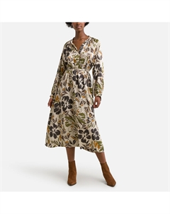 Платье-миди с принтом рукава 34 бежевый Laredoute
