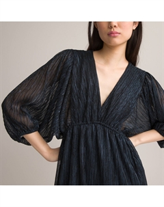 Платье короткое с V-образным вырезом и длинными рукавами из блестящего трикотажа синий Laredoute