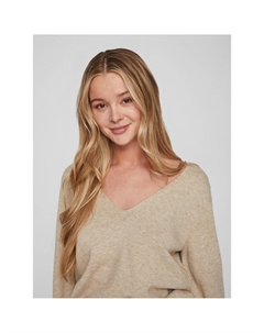 Пуловер с V-образным вырезом из тонкого трикотажа бежевый Vila