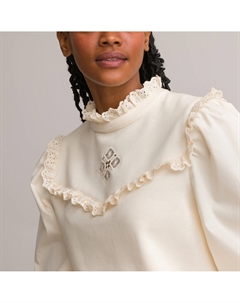 Свитшот с воротником с воланом из двух материалов с английской вышивкой белый Laredoute