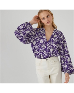 Блузка объемная с V-образным вырезом длинными рукавами синий La redoute collections