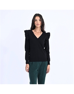 Пуловер с V-образным вырезом воланами на плечах черный Molly bracken
