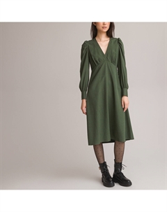 Платье с V-образным вырезом с длинными рукавами жаккардовая ткань зеленый La redoute collections