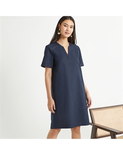 Платье прямое из смешанного льна с короткими рукавами синий Laredoute