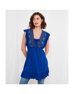 Платье расклешенное с короткими рукавами и вышивкой синий Laredoute