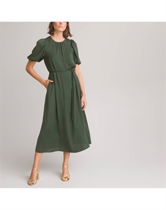 Платье длинное расклешенное с круглым вырезом и короткими рукавами с напуском зеленый Laredoute