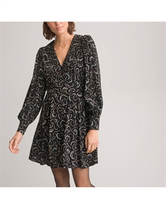 Платье расклешенное короткое длинные рукава с принтом черный La redoute collections