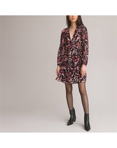 Платье короткое V-образный вырез длинные рукава с принтом черный La redoute collections