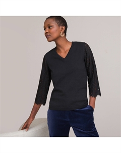 Пуловер с V-образным вырезом тонкий трикотаж рукава 34 из кружева черный Laredoute