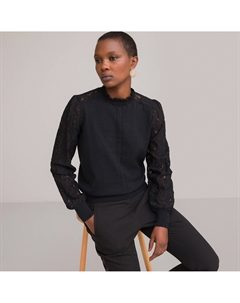 Пуловер с воротником-стойкой тонкий трикотаж кружевные вставки черный Laredoute