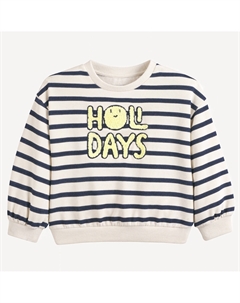 Свитшот с круглым вырезом из мольтона в полоску с надписью из ткани букле бежевый La redoute collections