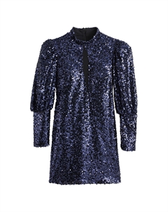 Короткое платье с длинными объемными рукавами и пайетками синий Laredoute
