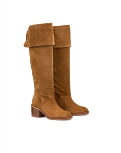 Сапоги-ботфорты из кожи на широком каблуке каштановый Laredoute