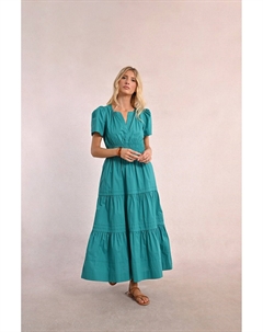 Платье длинное с короткими рукавами с воланами синий Laredoute