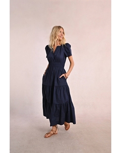 Платье длинное с короткими рукавами с воланами синий Laredoute