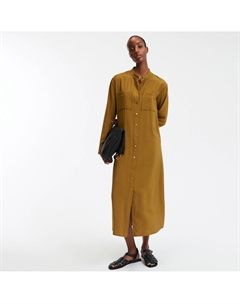 Длинное прямое платье с поясом и воротником мао каштановый La redoute collections