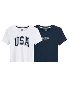 Комплект из двух зауженных футболок с принтом в стиле кампус синий Laredoute