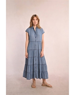 Платье длинное с короткими рукавами и воланами из денима синий Laredoute