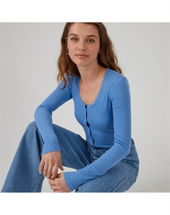 Лонгслив на пуговицах со вставкой из кружева синий Laredoute