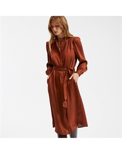 Платье под пояс с длинным рукавом красный Laredoute