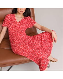 Платье длинное расклешенное с принтом цветы красный Laredoute