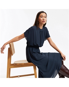 Платье длинное расклешенное пояс на резинке со сборками синий La redoute collections