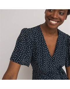 Платье в горошек с запахом и с короткими рукавами синий La redoute collections