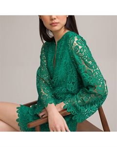 Платье короткое с вышивкой и длинными рукавами зеленый Laredoute