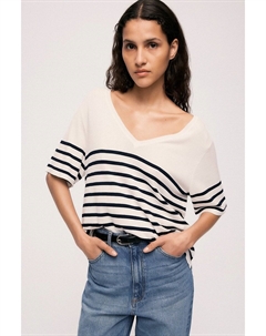 Пуловер в полоску с V-образным вырезом белый Laredoute