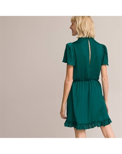 Платье короткое воротник-стойка с воланом короткие рукава зеленый Laredoute