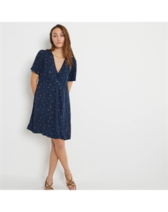 Платье короткое расклешенное с принтом V-образным вырезом синий Laredoute