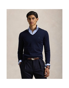 Джемпер с V-образным вырезом Slim Fit из моющейся шерсти синий Polo ralph lauren