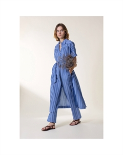 Платье длинное в полоску с поясом ROKA синий Laredoute